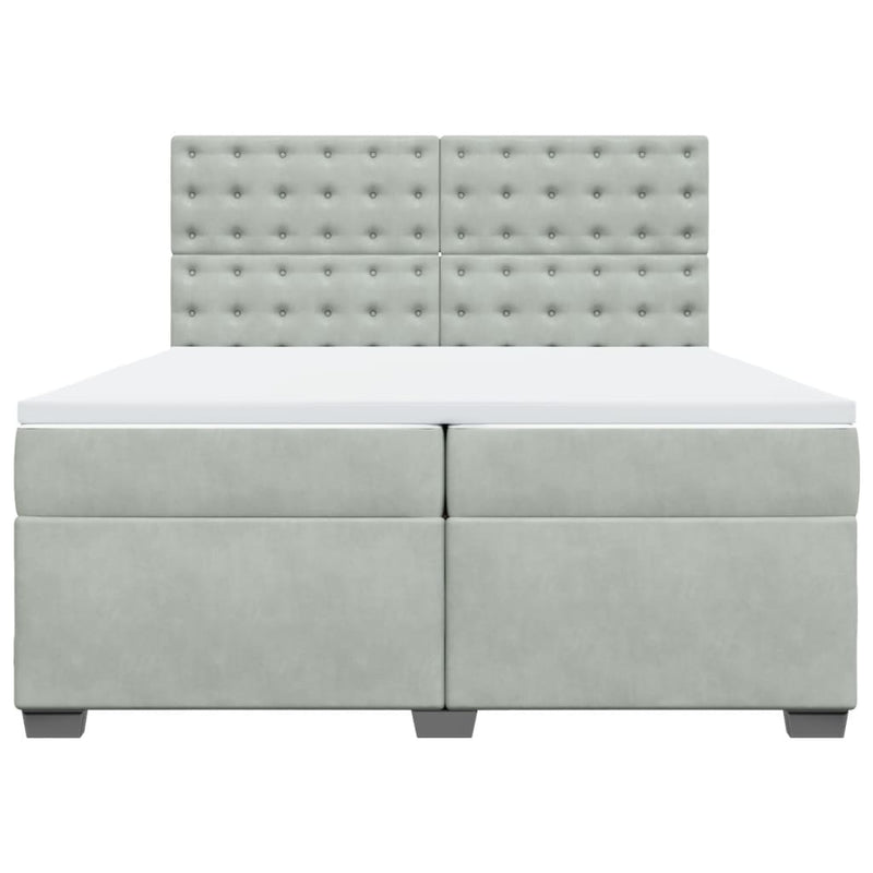 Pat box spring cu saltea, gri deschis, 200x200 cm, catifea