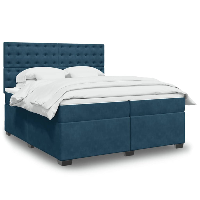 Pat box spring cu saltea, albastru, 200x200 cm, catifea