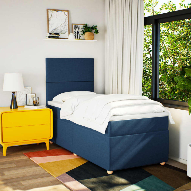 Pat box spring cu saltea, albastru, 90x190 cm, textil