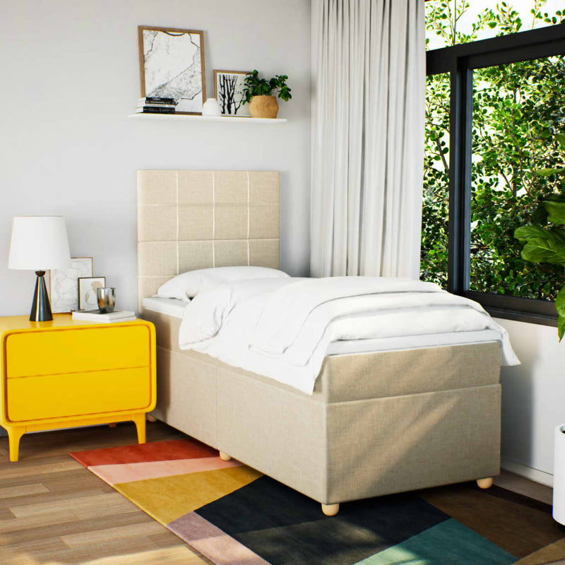 Pat box spring cu saltea, crem, 90x190 cm, textil
