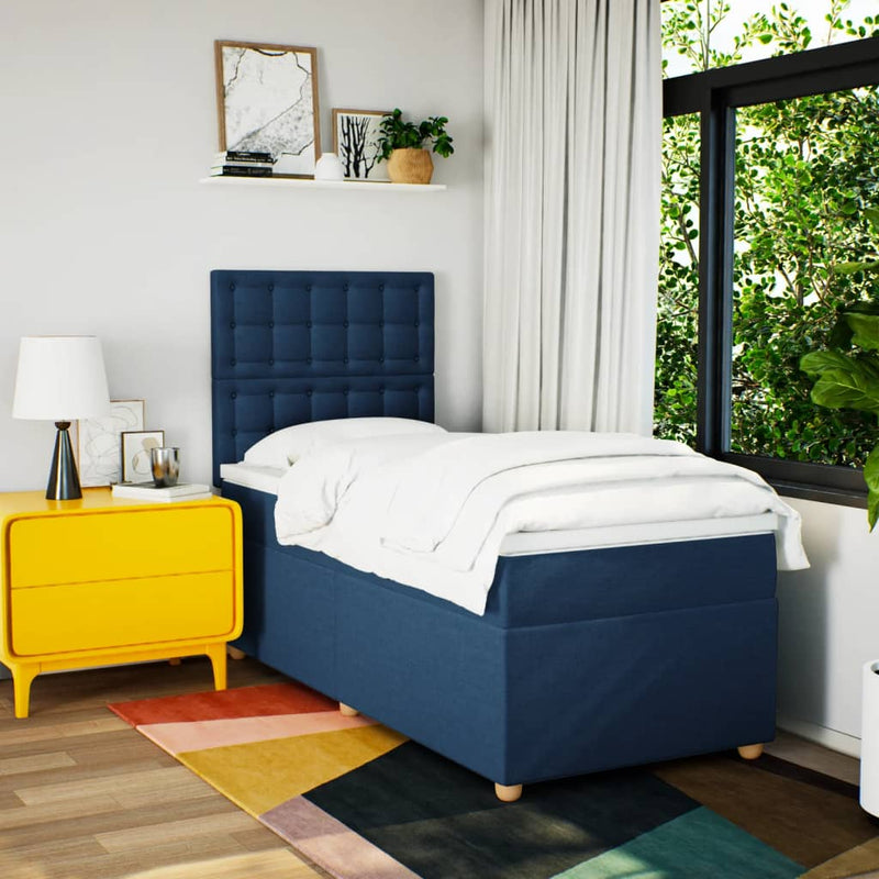 Pat box spring cu saltea, albastru, 90x190 cm, textil