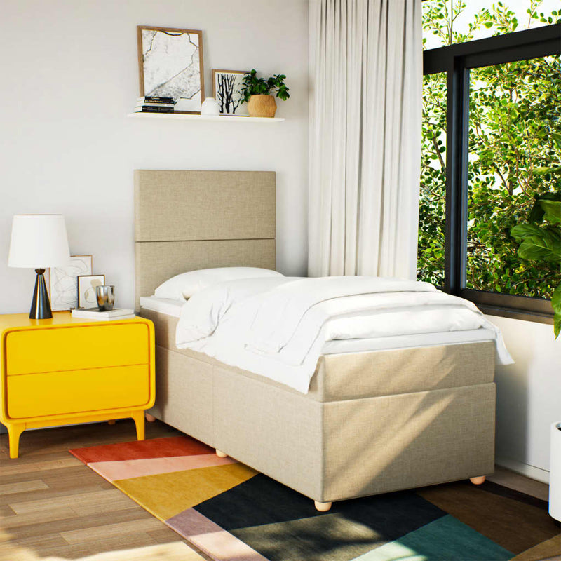 Pat box spring cu saltea, crem, 90x200 cm, textil