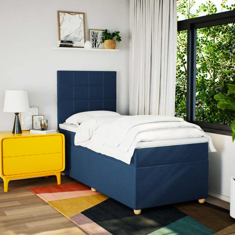 Pat box spring cu saltea, albastru, 90x200 cm, textil
