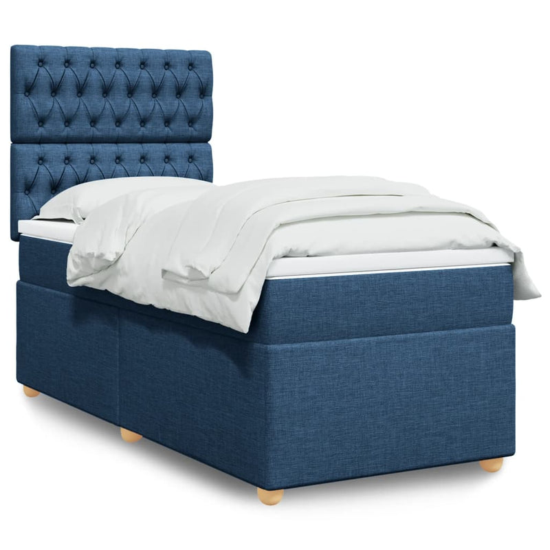 Pat box spring cu saltea, albastru, 90x200 cm, textil