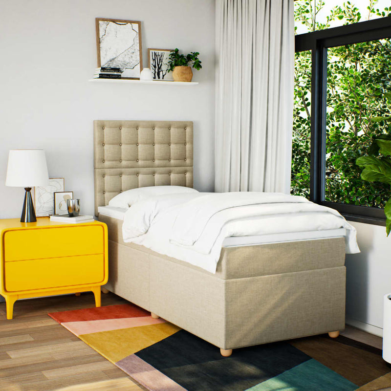 Pat box spring cu saltea, crem, 90x200 cm, textil