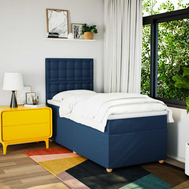 Pat box spring cu saltea, albastru, 90x200 cm, textil