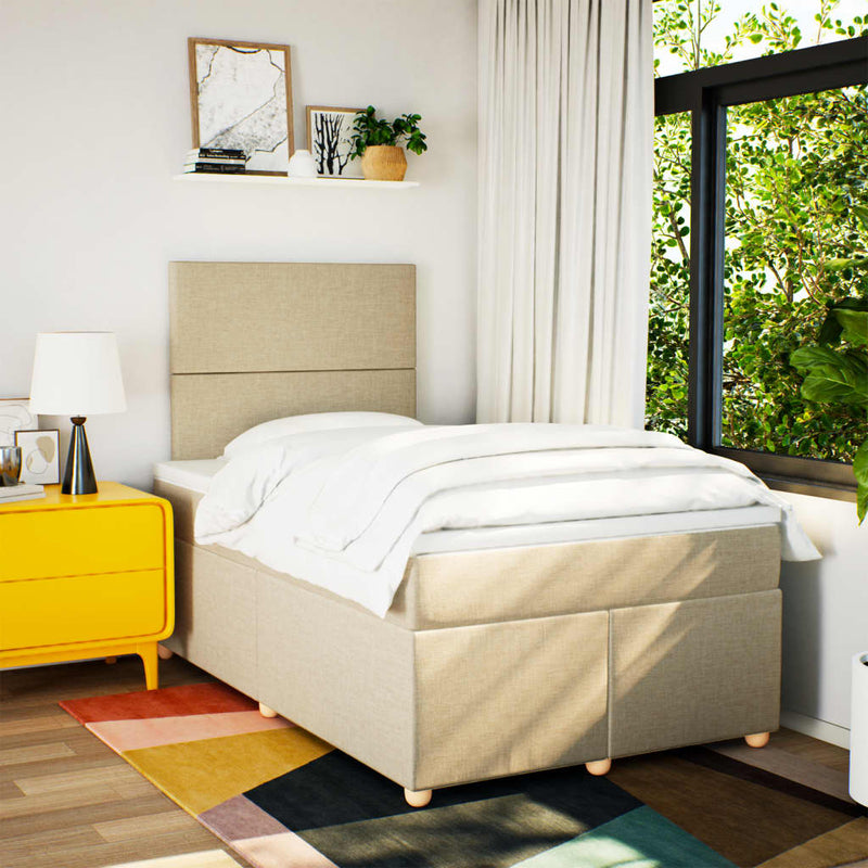 Pat box spring cu saltea, crem, 120x200 cm, textil