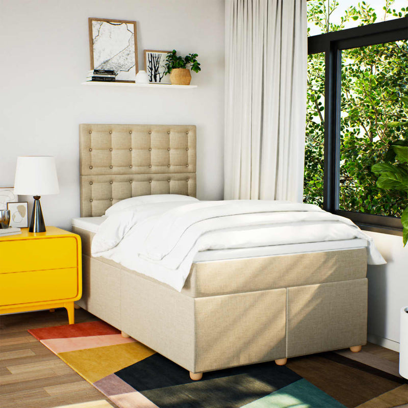 Pat box spring cu saltea, crem, 120x200 cm, textil
