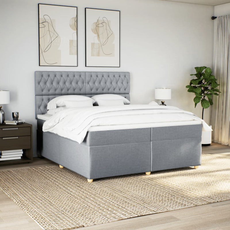Pat box spring cu saltea, gri deschis, 200x200 cm, textil