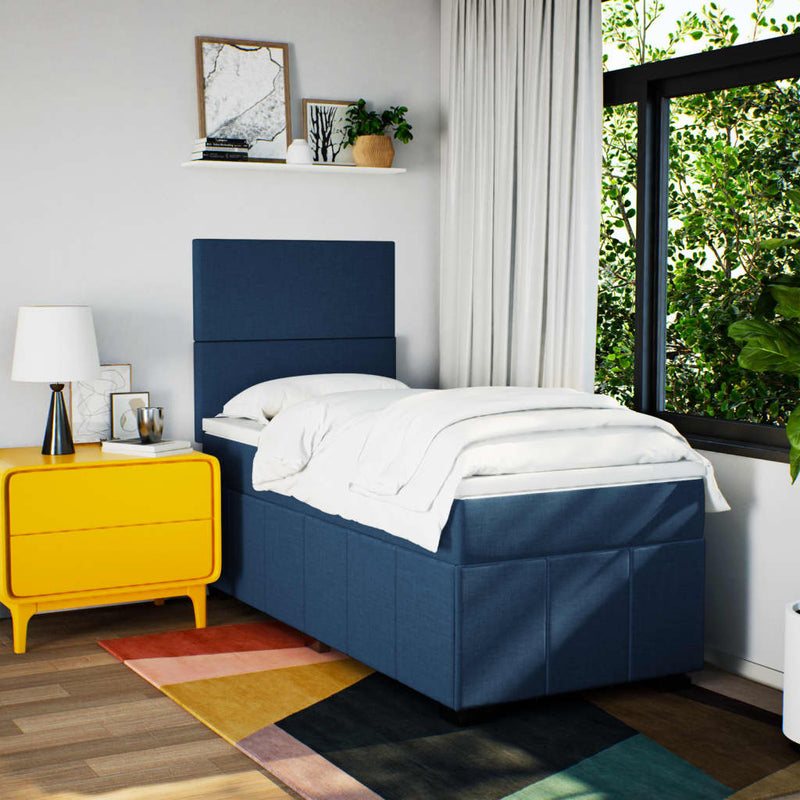 Pat box spring cu saltea, albastru, 100x200 cm, textil