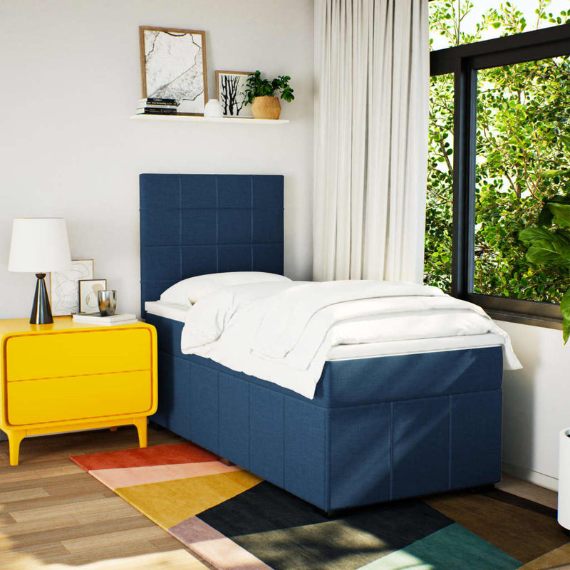 Pat box spring cu saltea, albastru, 100x200 cm, textil