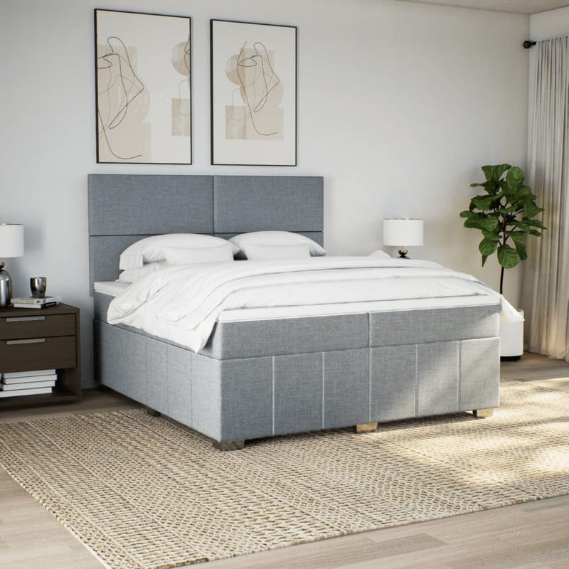 Pat box spring cu saltea, gri deschis, 200x200 cm, textil