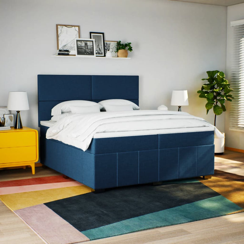 Pat box spring cu saltea, albastru, 200x200 cm, textil