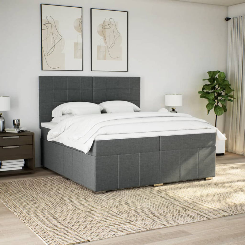 Pat box spring cu saltea, gri închis, 200x200 cm, textil