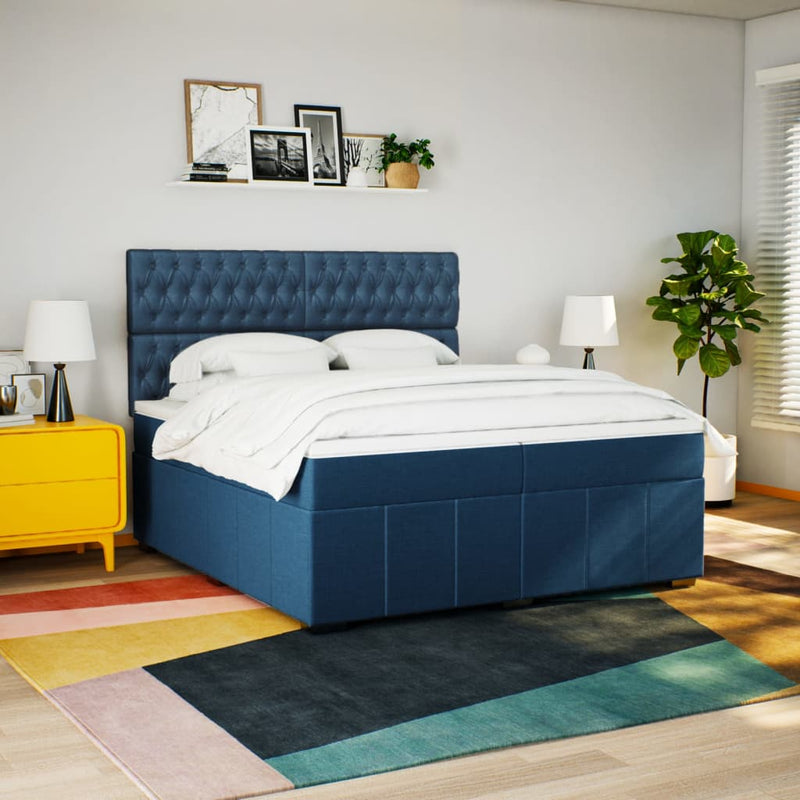 Pat box spring cu saltea, albastru, 200x200 cm, textil
