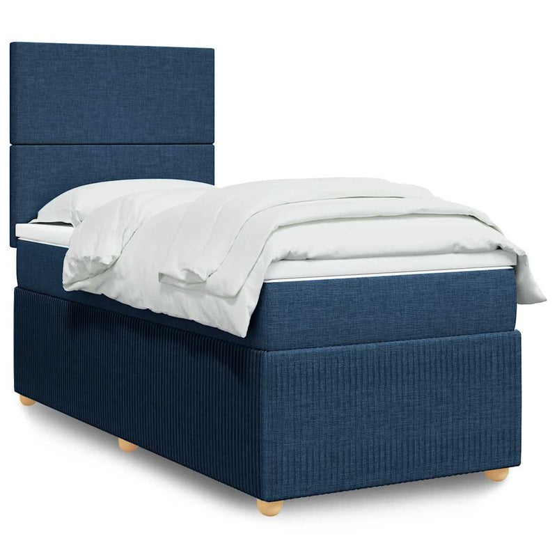 Pat box spring cu saltea, albastru, 90x190 cm, textil