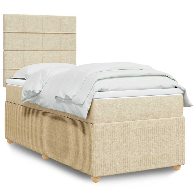 Pat box spring cu saltea, crem, 90x190 cm, textil