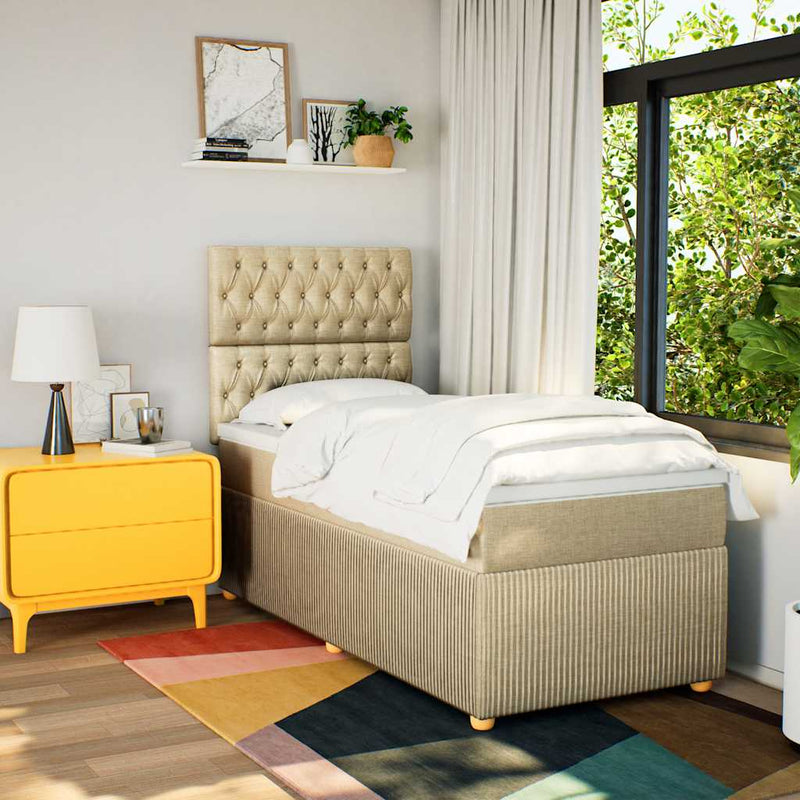 Pat box spring cu saltea, crem, 90x190 cm, textil