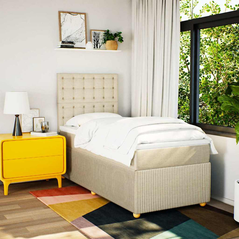 Pat box spring cu saltea, crem, 90x190 cm, textil