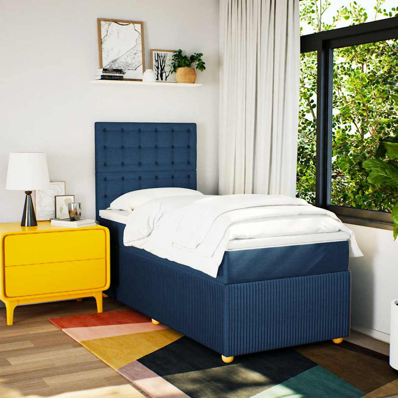 Pat box spring cu saltea, albastru, 90x190 cm, textil