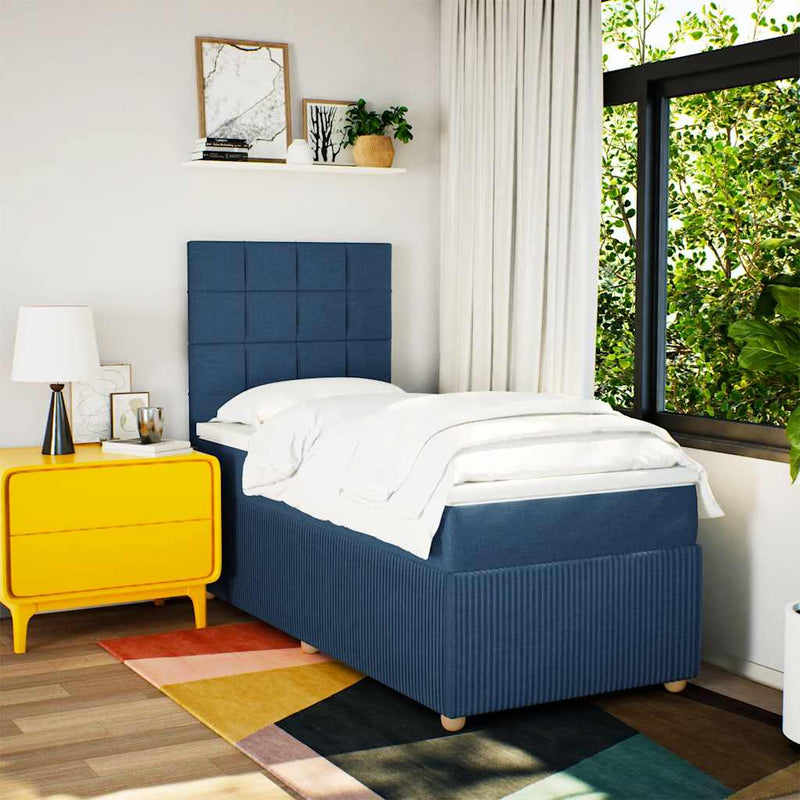 Pat box spring cu saltea, albastru, 90x200 cm, textil