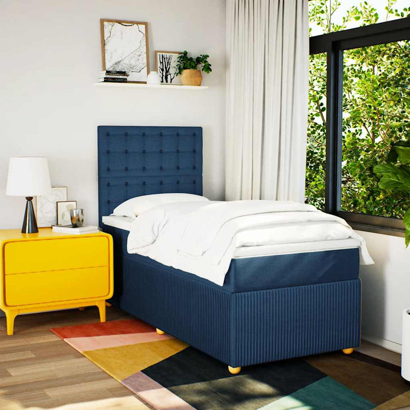 Pat box spring cu saltea, albastru, 100x200 cm, textil