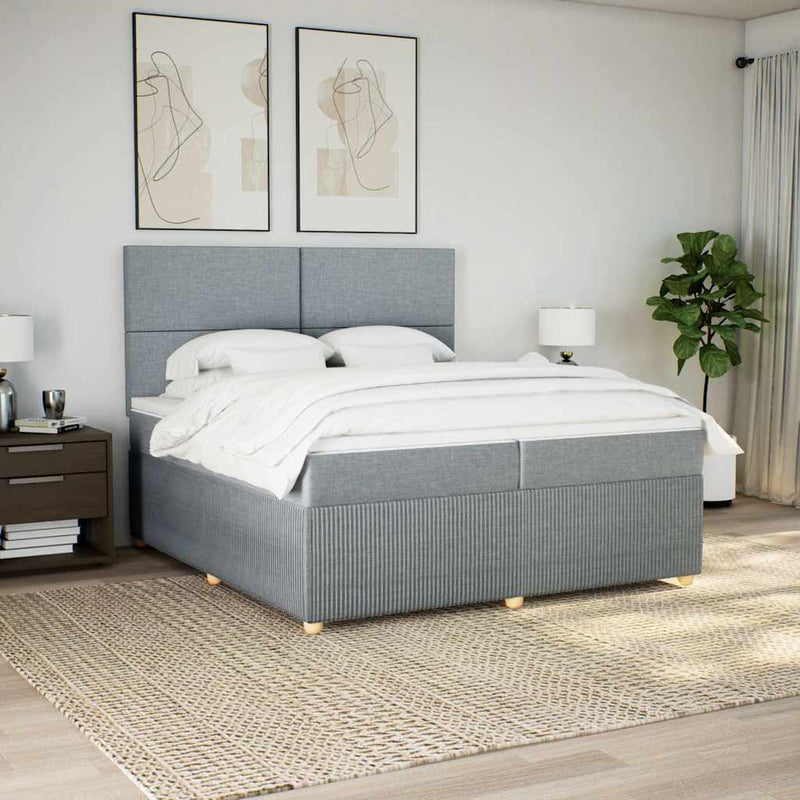 Pat box spring cu saltea, gri deschis, 200x200 cm, textil