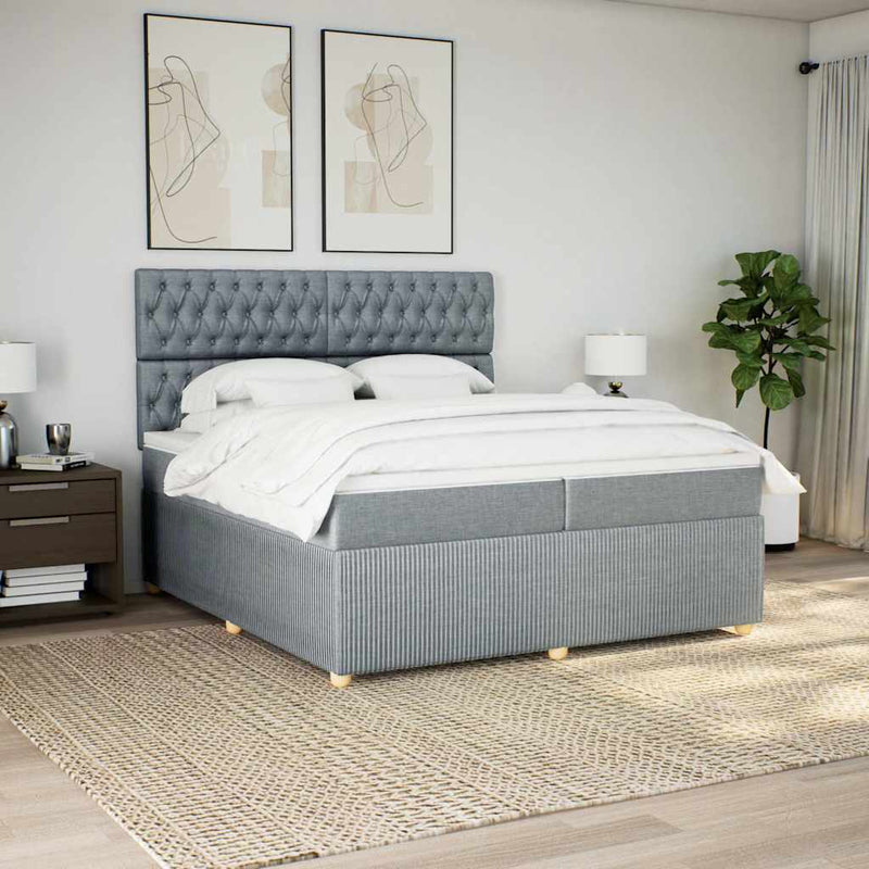 Pat box spring cu saltea, gri deschis, 200x200 cm, textil