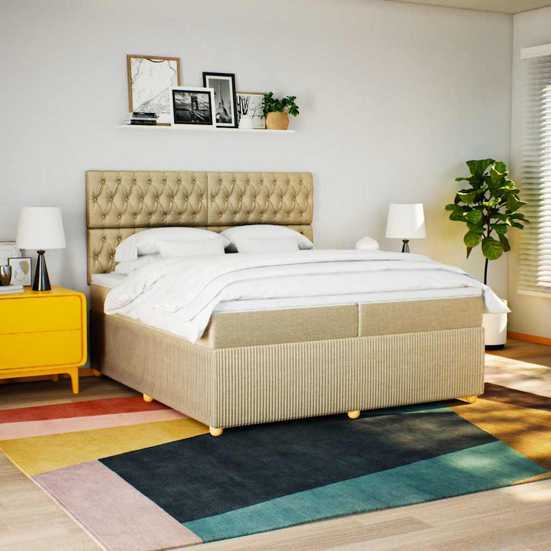 Pat box spring cu saltea, crem, 200x200 cm, textil