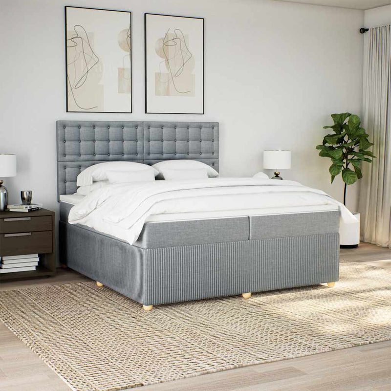 Pat box spring cu saltea, gri deschis, 200x200 cm, textil