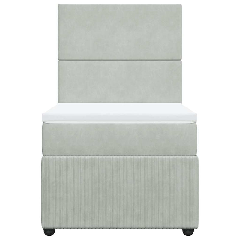 Pat box spring cu saltea, gri deschis, 90x190 cm, catifea