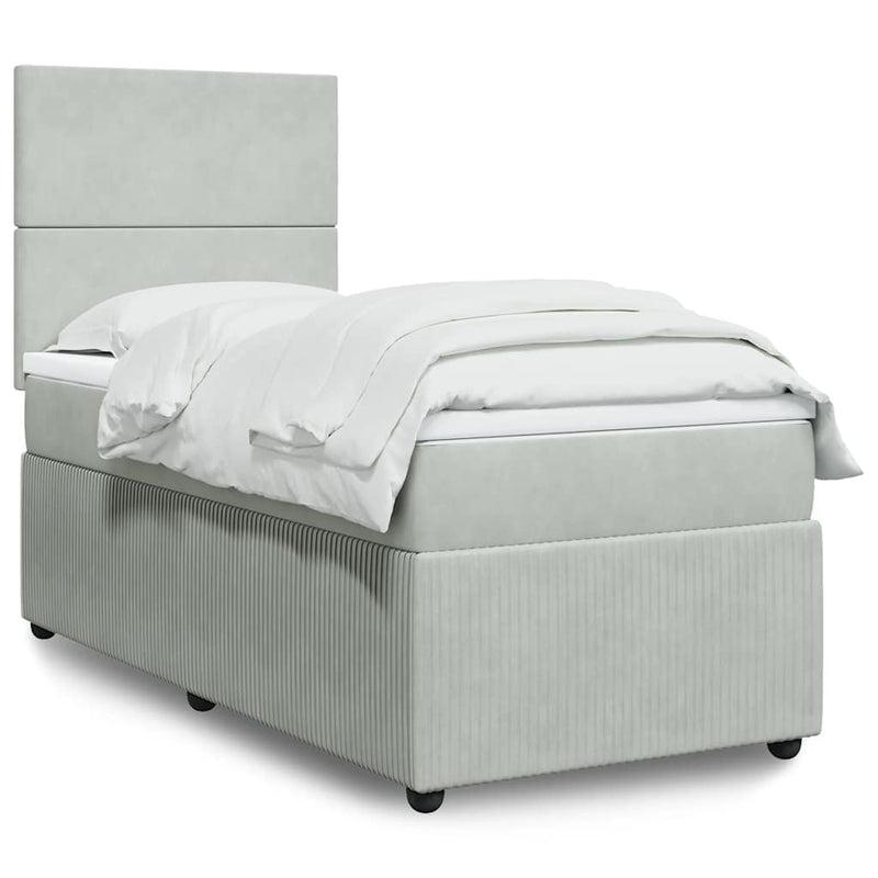 Pat box spring cu saltea, gri deschis, 90x190 cm, catifea