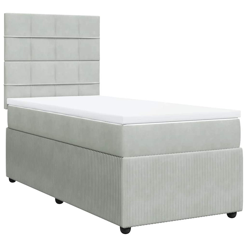 Pat box spring cu saltea, gri deschis, 90x190 cm, catifea