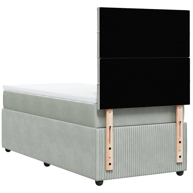 Pat box spring cu saltea, gri deschis, 90x190 cm, catifea