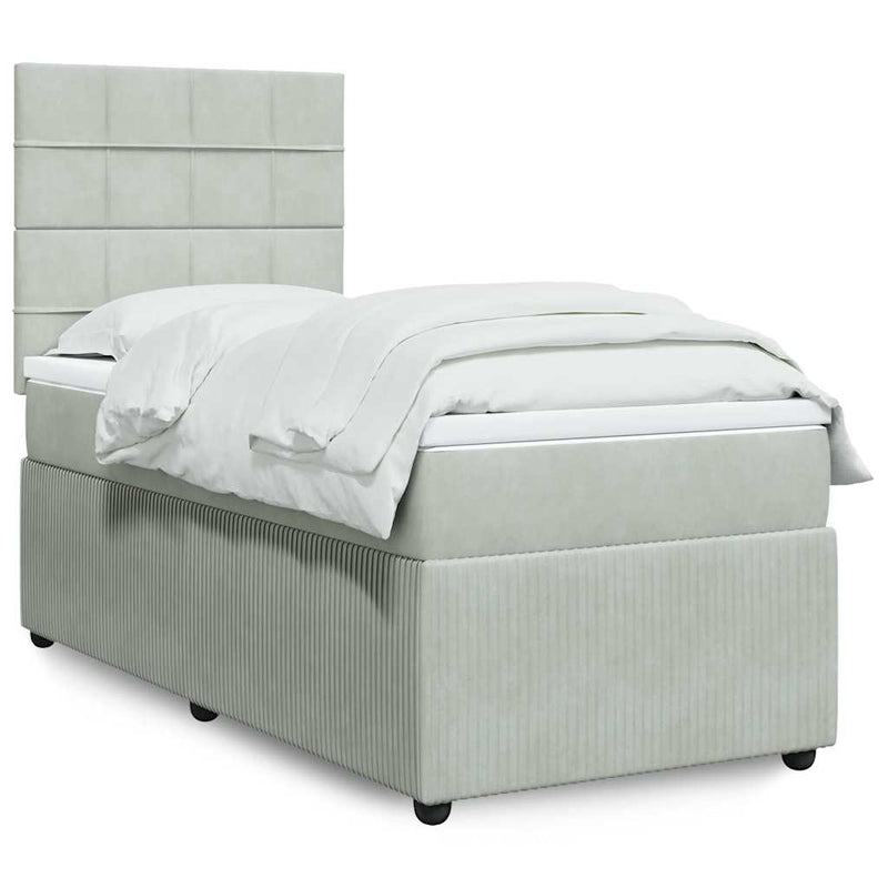 Pat box spring cu saltea, gri deschis, 90x190 cm, catifea