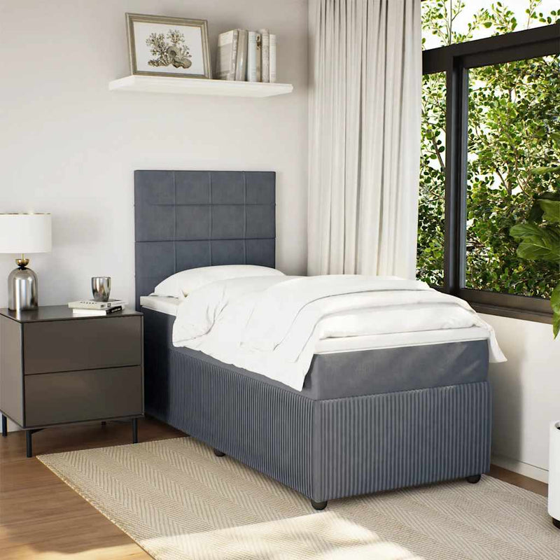 Pat box spring cu saltea, gri închis, 90x190 cm, catifea