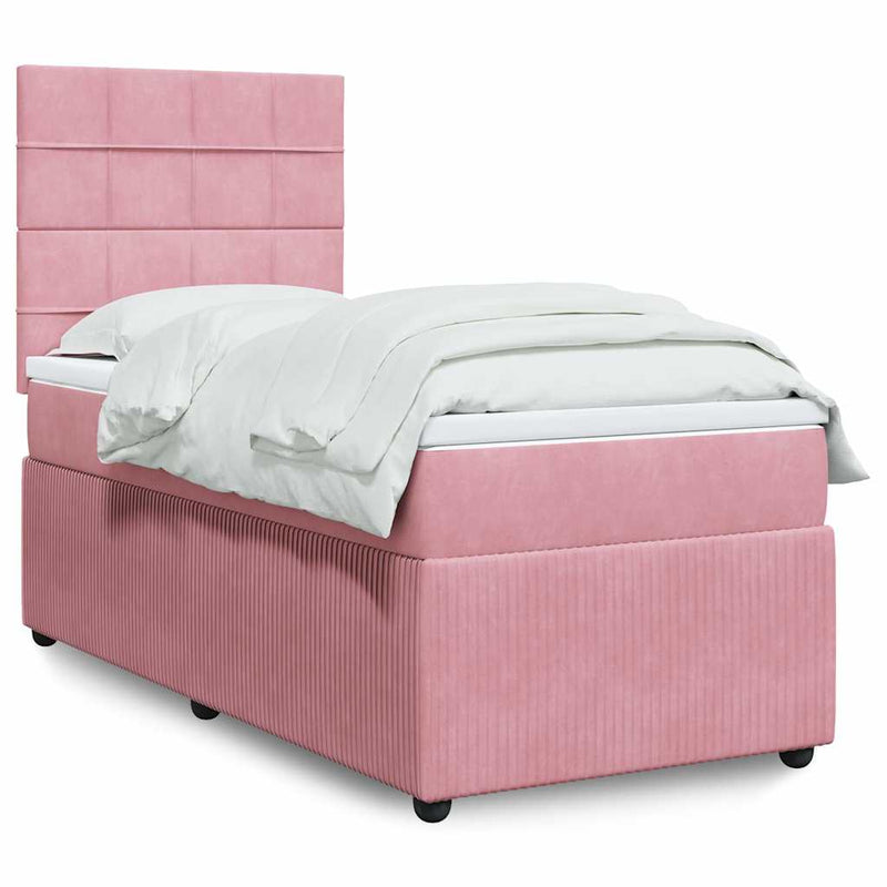 Pat box spring cu saltea, roz, 90x190 cm, catifea