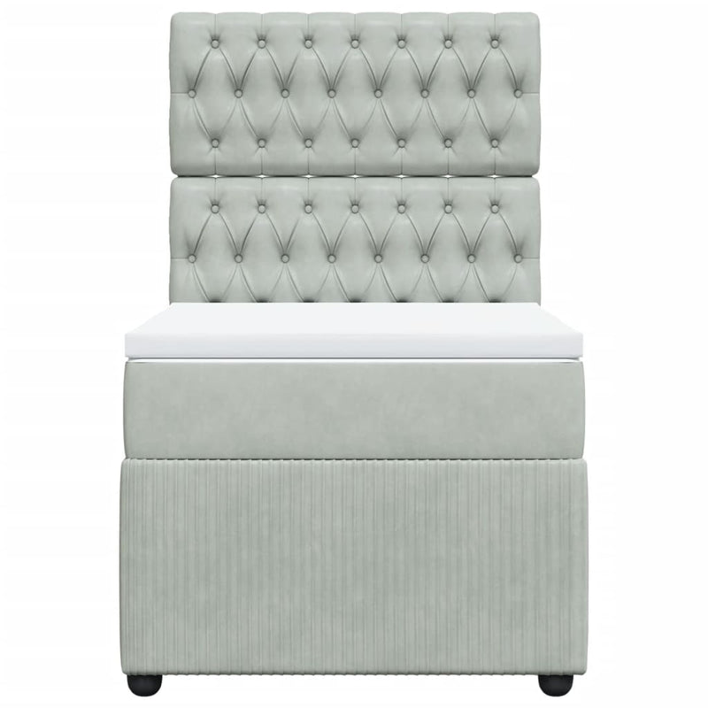 Pat box spring cu saltea, gri deschis, 90x190 cm, catifea