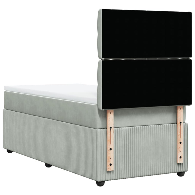 Pat box spring cu saltea, gri deschis, 90x190 cm, catifea