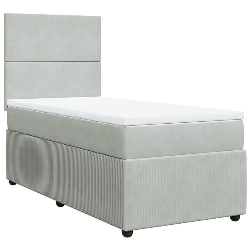 Pat box spring cu saltea, gri deschis, 90x200 cm, catifea