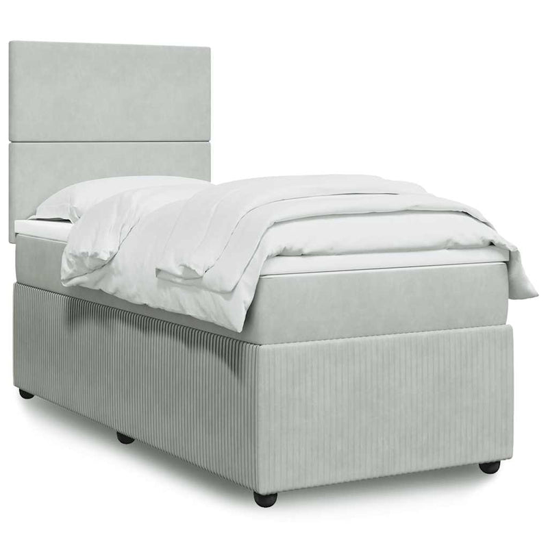 Pat box spring cu saltea, gri deschis, 90x200 cm, catifea