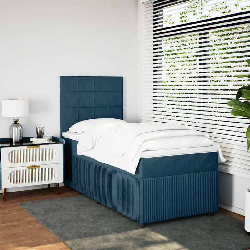 Pat box spring cu saltea, albastru închis, 90x200 cm, catifea