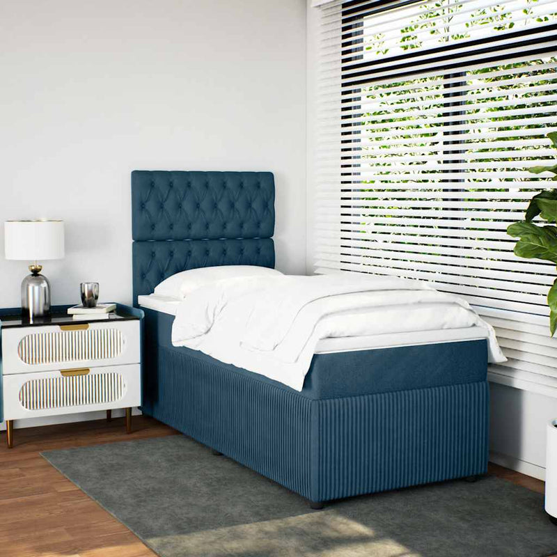 Pat box spring cu saltea, albastru închis, 90x200 cm, catifea