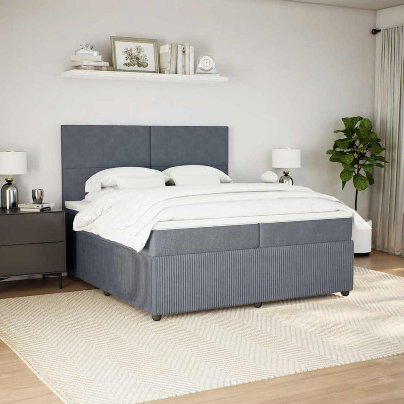 Pat box spring cu saltea, gri închis, 200x200 cm, catifea