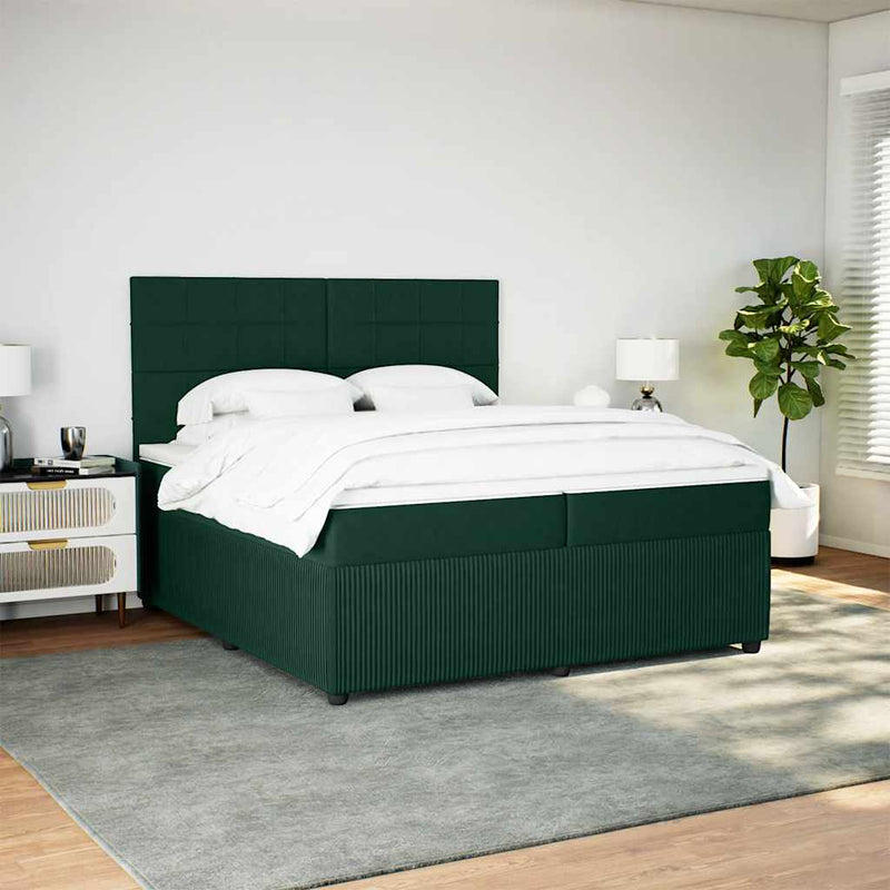 Pat box spring cu saltea, verde închis, 200x200 cm, catifea