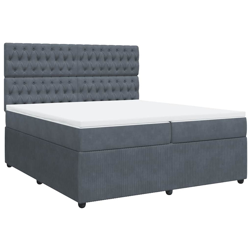 Pat box spring cu saltea, gri închis, 200x200 cm, catifea