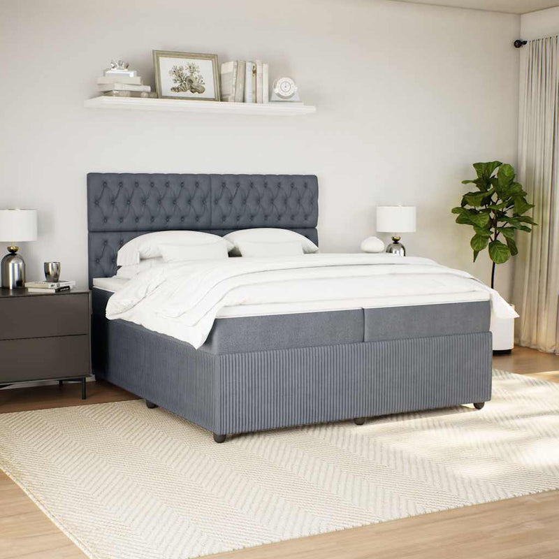 Pat box spring cu saltea, gri închis, 200x200 cm, catifea