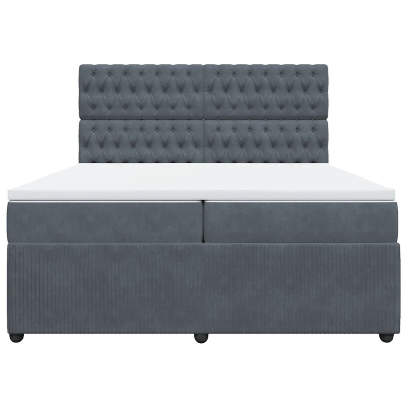 Pat box spring cu saltea, gri închis, 200x200 cm, catifea