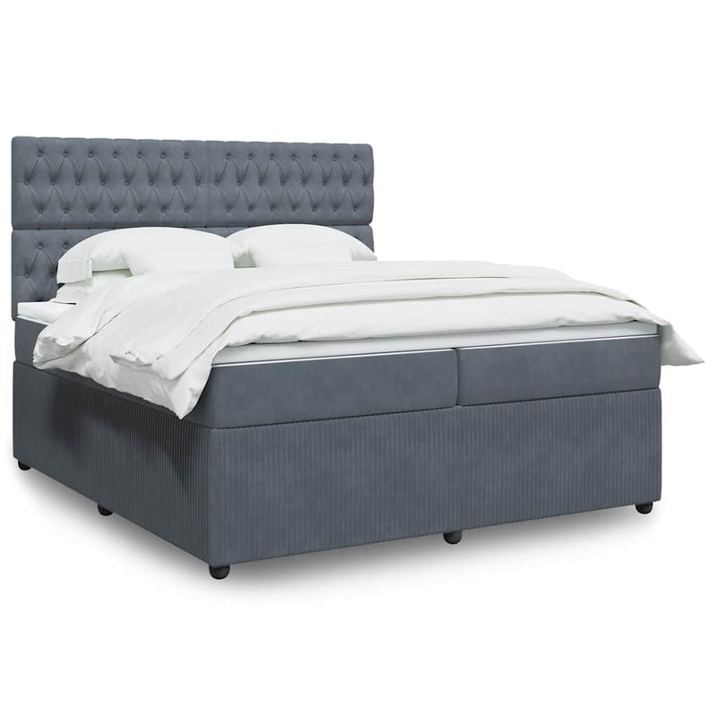 Pat box spring cu saltea, gri închis, 200x200 cm, catifea