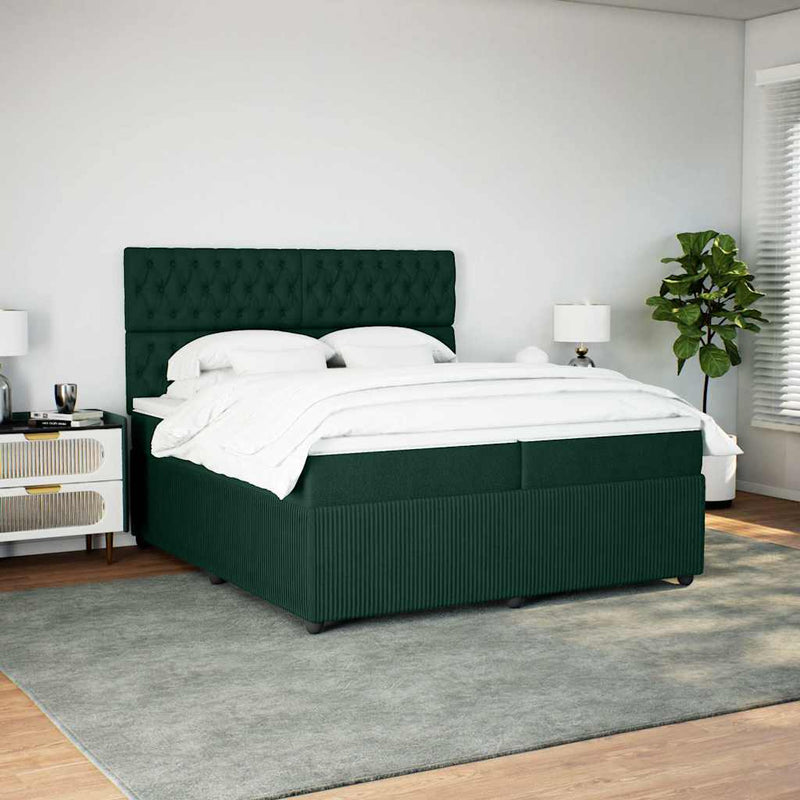 Pat box spring cu saltea, verde închis, 200x200 cm, catifea